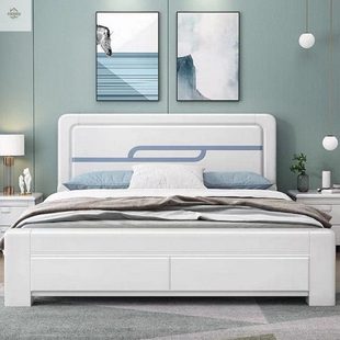 全实木床现代简约1.8米主卧白色烤漆1.5米双人床橡木高箱加厚婚床