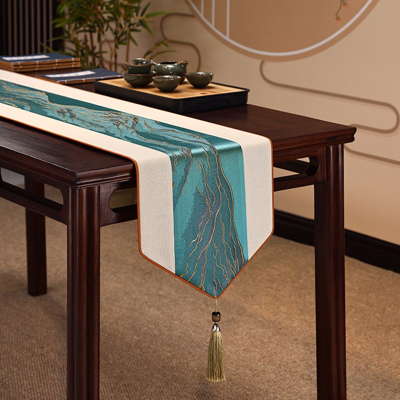 新中式禅意桌旗桌布餐q桌电视柜茶台茶几茶席轻奢茶旗茶桌长条垫