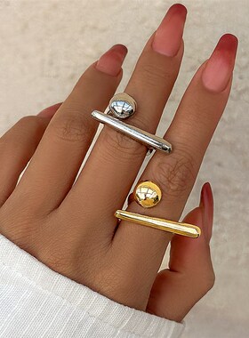 圆球长条棒金属戒指女欧美2025新潮时尚个N性几何美学小众设计指