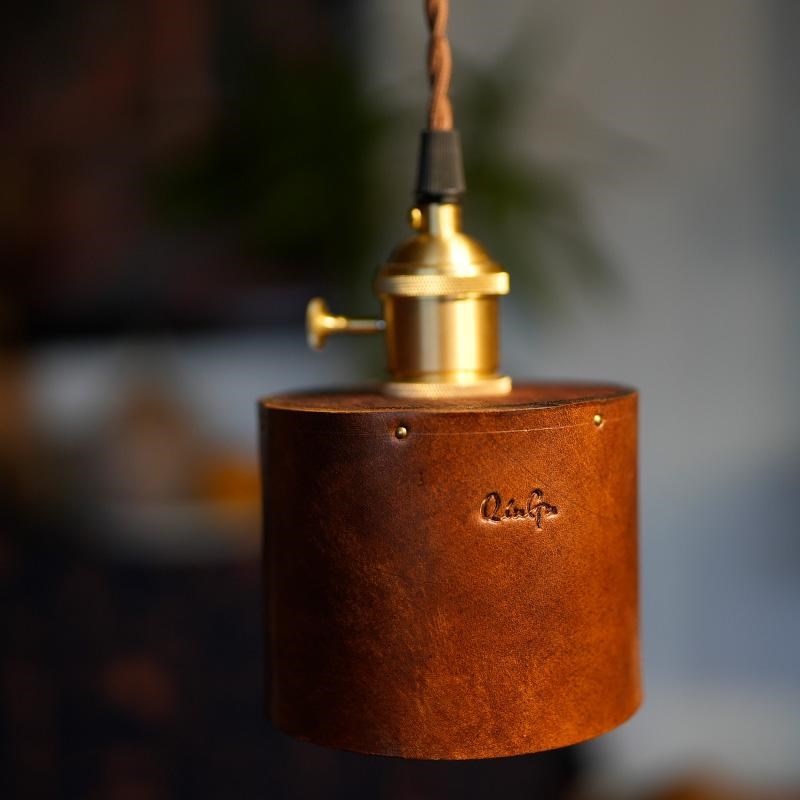 圆柱筒简约牛皮复m古餐茶桌卧室床头柜吧台橱窗书房暖光氛围吊灯