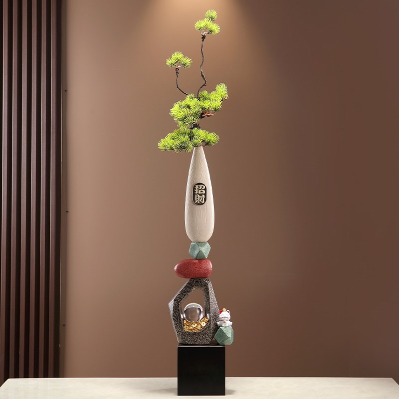 新中式细长高陶瓷造景p迎客松花瓶摆件石来运转客厅玄关办公室装