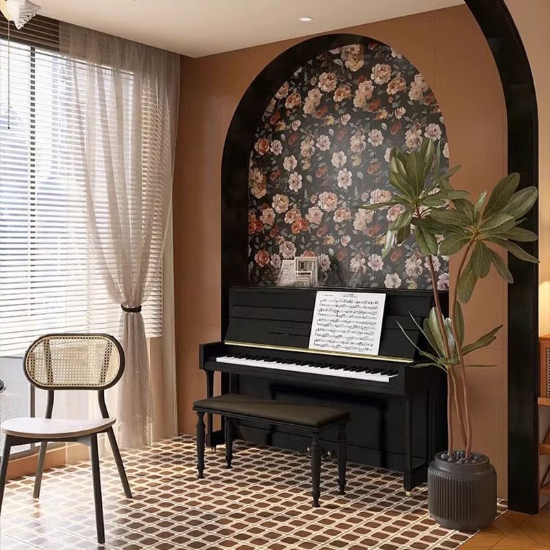 法式复古b风墙布黑底田园墙纸客厅卧室玄关过道钢琴背景定制壁布