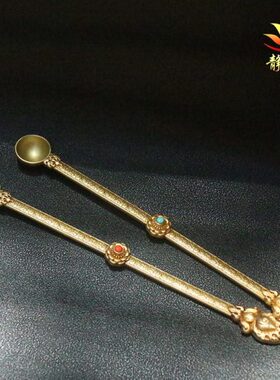 民族用品藏式纯铜雕花供火供勺民族酥油勺供具多用圆勺子镶嵌彩珠