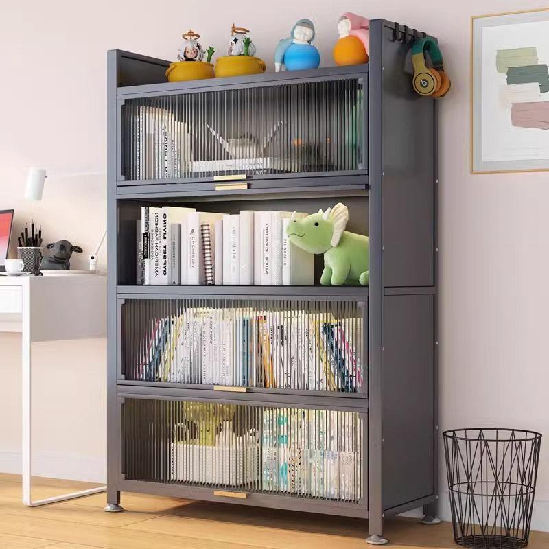 家用钢制书柜多层落地儿童书架带门防尘收纳置物架客厅翻门储物柜