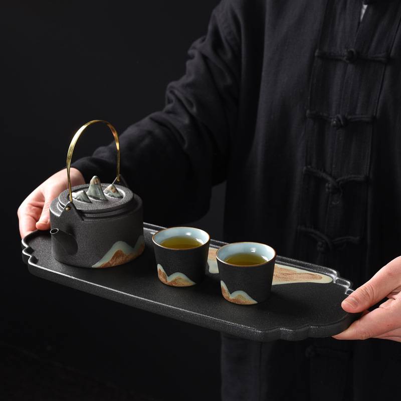 粗陶复古手绘釉远山茶盘家用简约中式干泡盘陶瓷小茶台茶海沥水盘