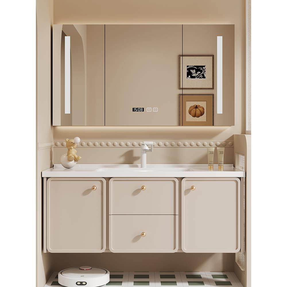 奶油风法式浴室柜组合陶瓷一体盆洗手脸盆柜卫生间洗漱台现代简约