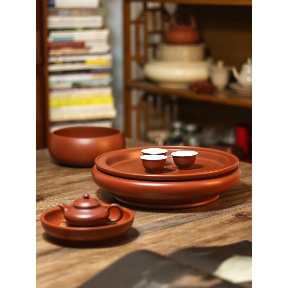 SI6K潮州原矿朱泥茶船纯手拉紫砂茶盘章氏古铜钱12寸家用工夫茶具