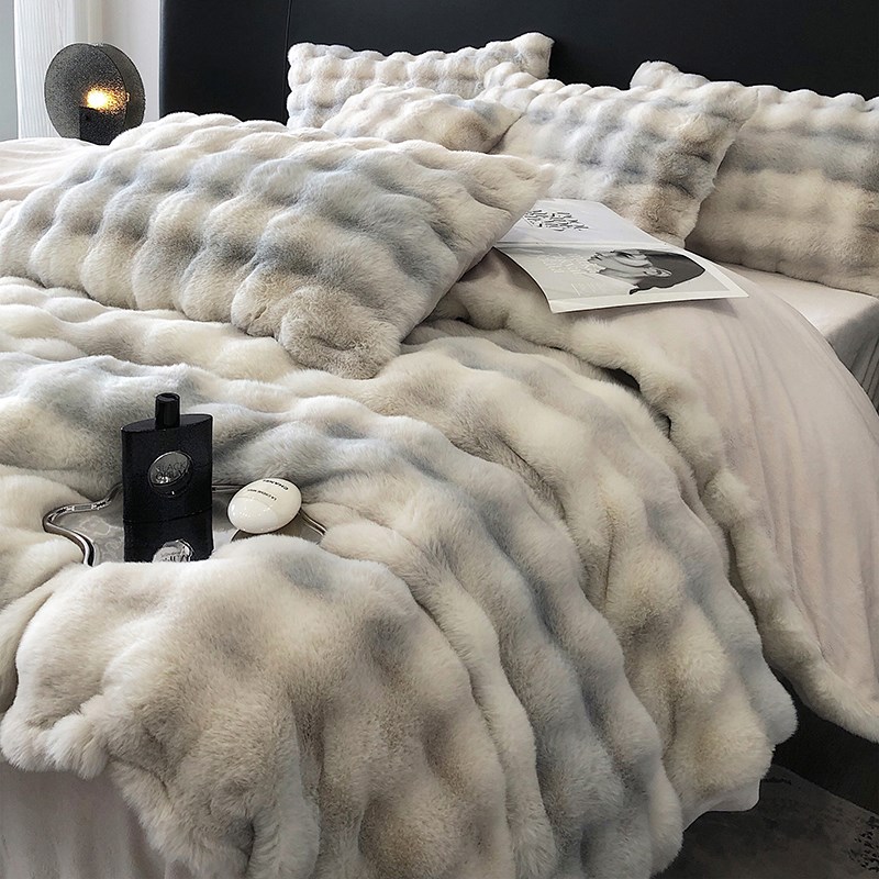 冬季轻奢兔兔绒j加绒加厚床上四件套双面毛绒被套珊瑚绒牛奶绒床