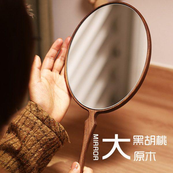 黑胡桃超大手柄化妆镜子便携实木手持梳妆美容喜镜定制LOGO刻字
