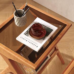 联邦家居北欧边几小户型客厅小桌子樱桃木藤编玻璃置物实木小茶几