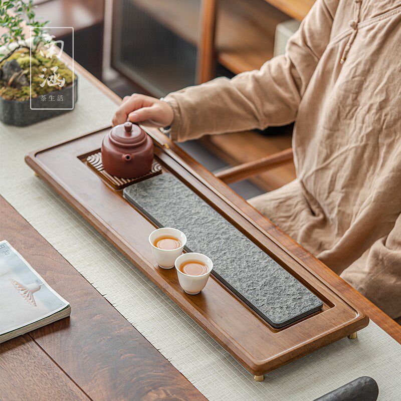 南涵乌金石茶盘大号茶托盘日式禅意重竹高端干泡盘长方形复古茶台