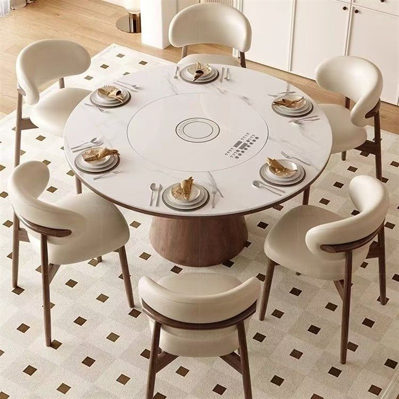 2025新款岩板圆形餐桌多功能A可伸缩餐桌带电磁炉暖菜电动转盘家