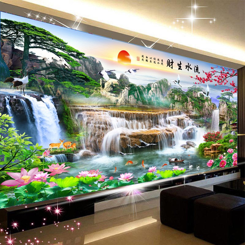 中式山水18d立体浮雕壁画客厅电视背景墙壁纸P流水生财5d影视墙布