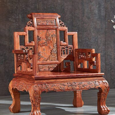 红木办公椅实木中式宝座椅刺猬紫檀花梨木雕花主人椅带沙发坐垫