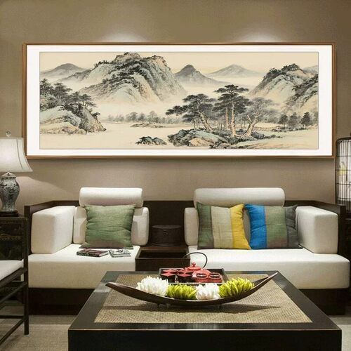 意境山水客厅沙发背景墙挂画新中式山水装饰画高级感书房茶室壁画