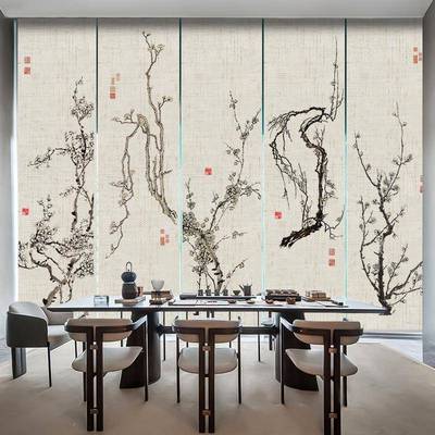 隔断帘升降帘印花玄书房茶室YBN-0002名宿客电动栈手卷动关背景窗