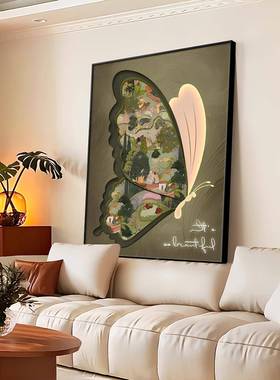 中古风蝴走蝶客厅沙档发背景墙装饰画复古艺术落JVT地高玄关廊画
