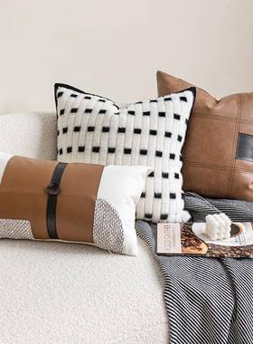 现代轻奢抱黑枕沙发客厅高端样板间靠枕棕咖色白皮质靠GQB酒垫店