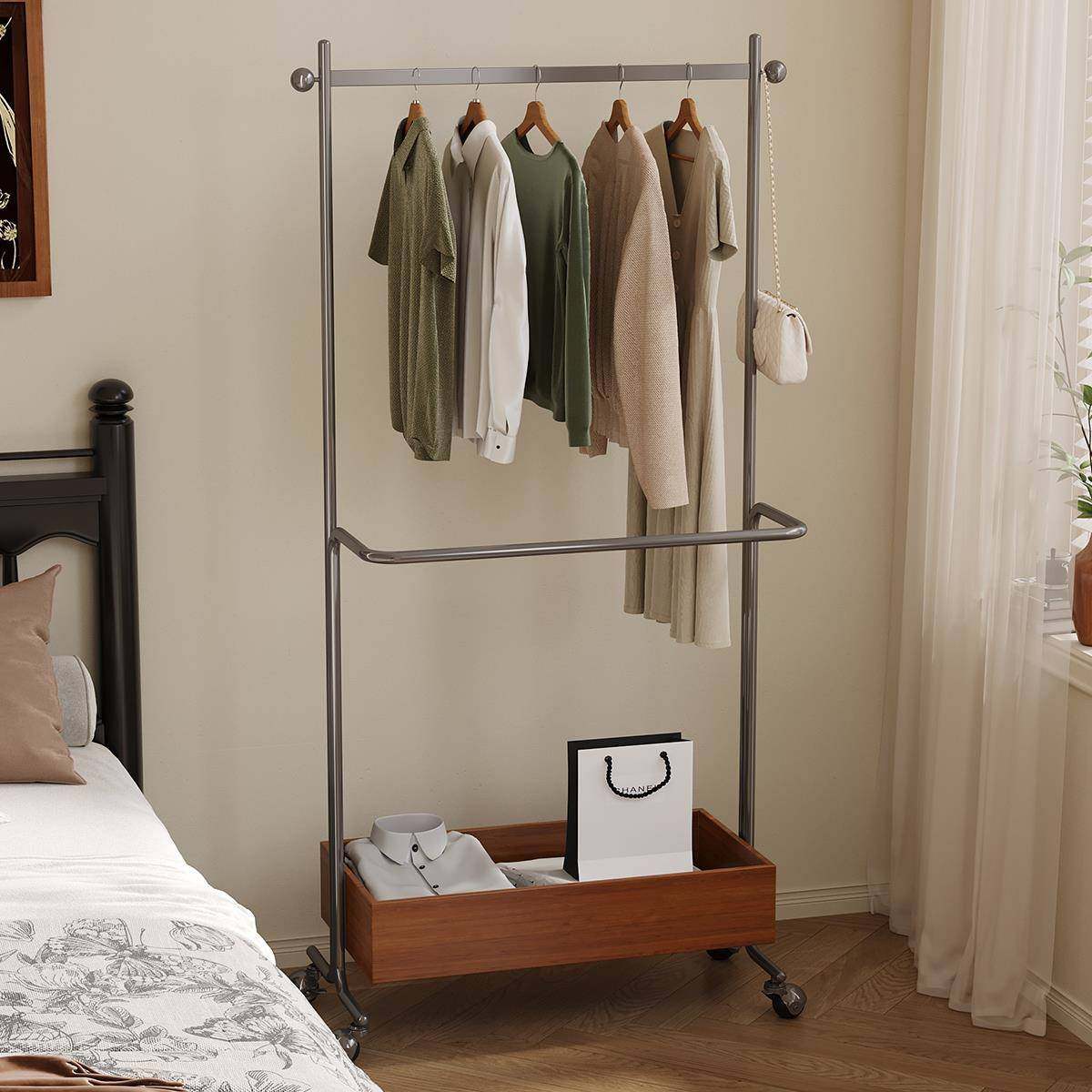 中古主卧轮衣带帽架物移动双层挂999衣服可置架家用卧室落地挂衣