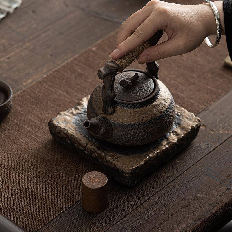 麻绳手把枯木提梁壶日式鎏铁金GZS20225釉粗陶茶壶小家号单壶用泡