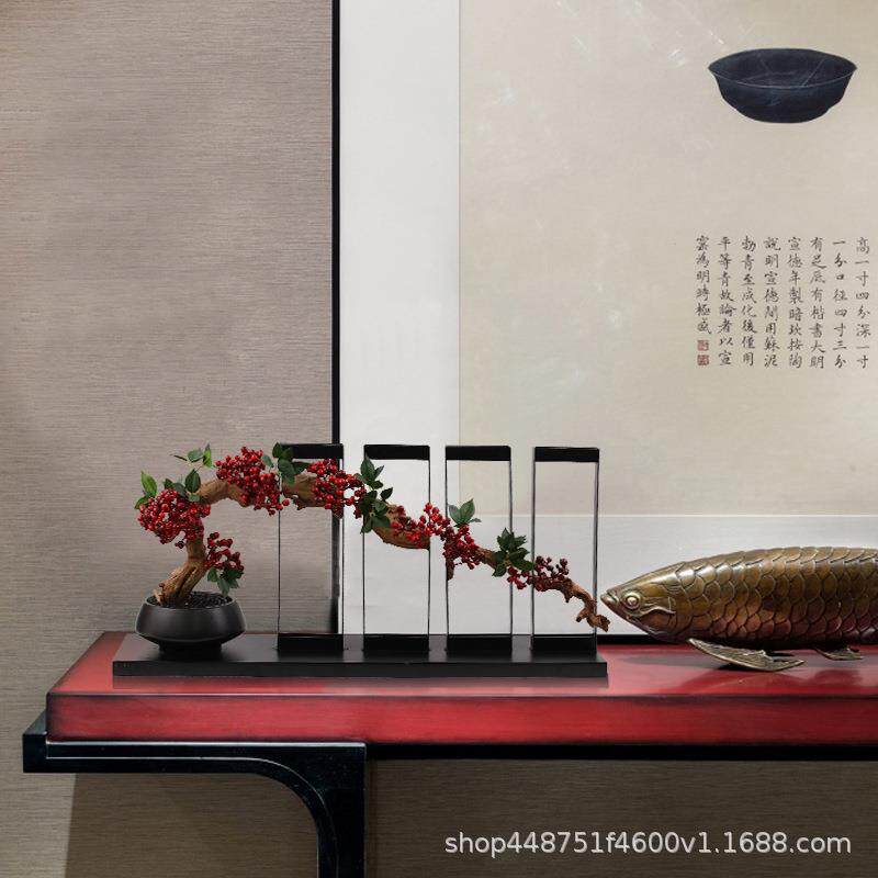 现代新中式禅意厅铁艺红039色代浆果子花艺现套装摆件家居客软装