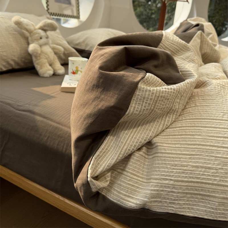 咖色欧式简约f纯色色织水洗棉提花四件套全棉1.5m1.8米被套三件套