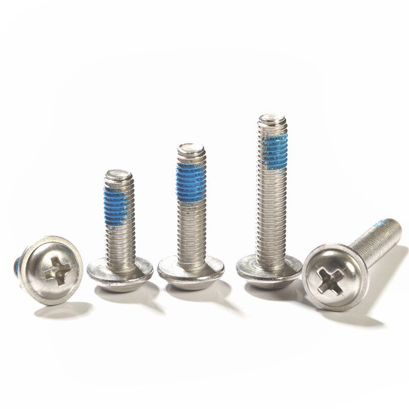 点胶304不锈钢十字盘头带垫螺丝钉圆头涂蓝胶防松防脱M2M3M4M5M6