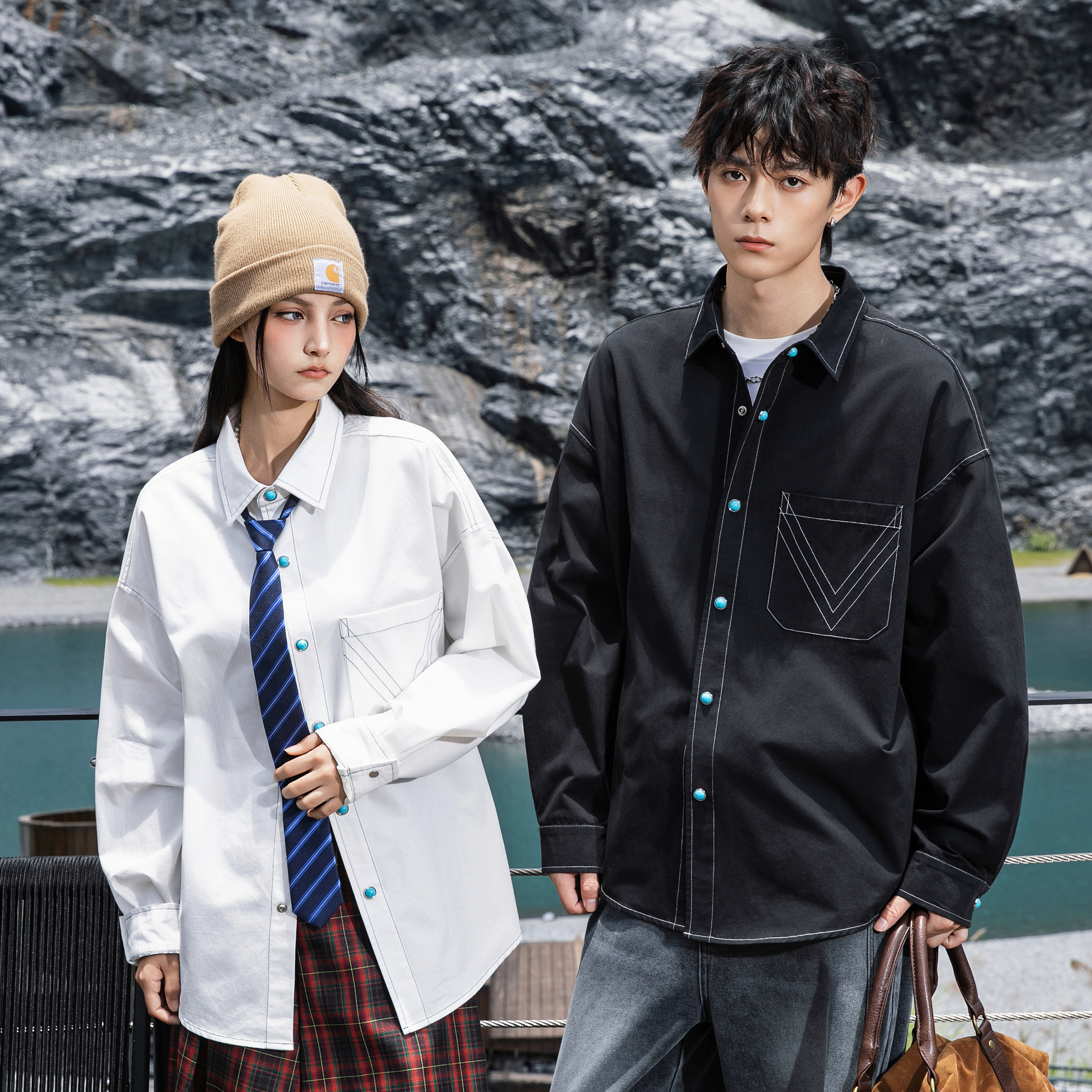 GD美式翻领长袖男女秋季百搭衬衫