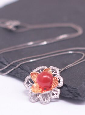 吊坠纯银925项链女士轻奢原创小众设计感花朵天然南红项坠礼物饰