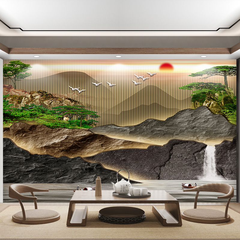 新中式茶室背景墙布3d立体浮雕大气山水画电O视墙壁纸客厅定制壁