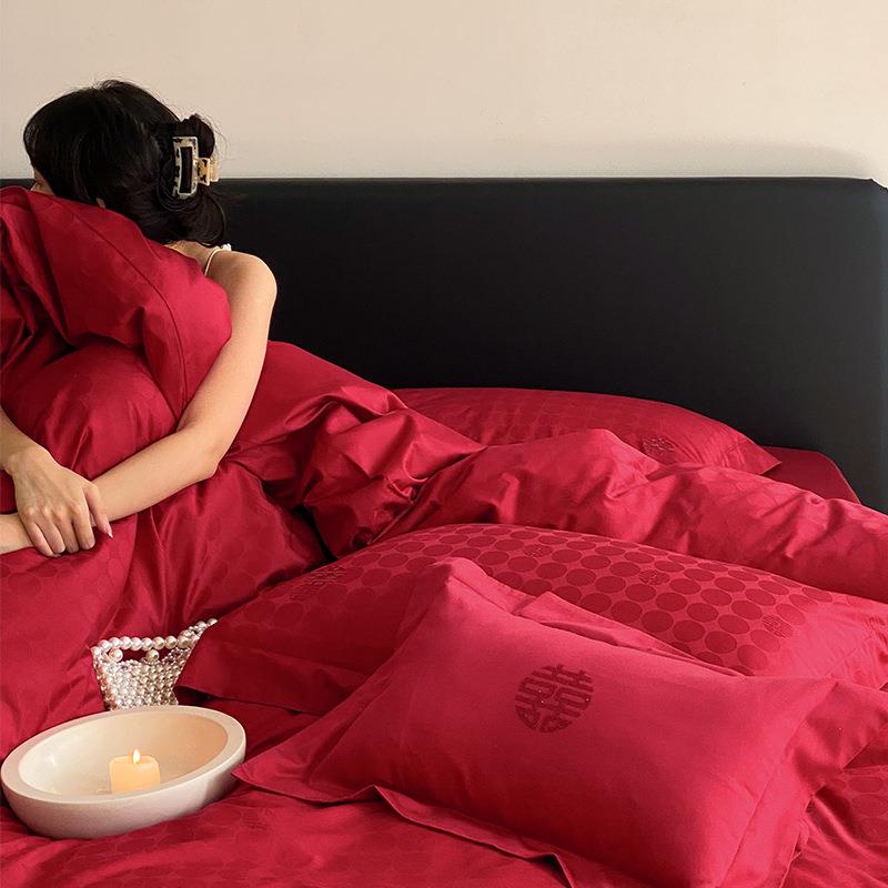 大红色婚房四件套全棉纯棉床单被套结婚喜庆新婚嫁高档长绒棉床品