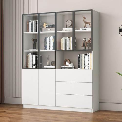 实木书柜书架组合带玻璃门落地简约现代客厅储物书橱办公文件柜子