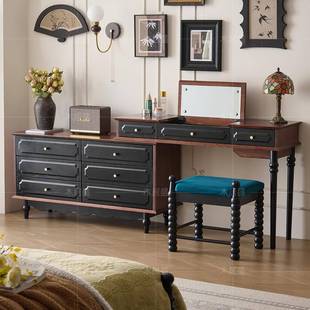 法式复古床尾斗柜妆台一体美式卧室哈利实木梳妆台翻盖镜子可隐藏