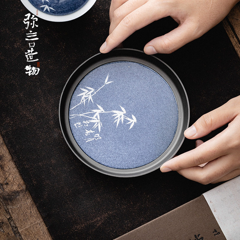 弥言洒蓝釉留白纯手绘壶承日式老铁干泡储水小茶台茶盘圆形小托盘