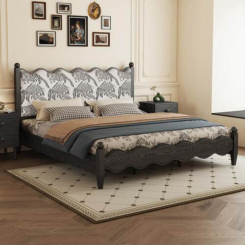 法式复古床实木床1.8米主卧室软包白蜡木双人大床中古风涟漪婚床