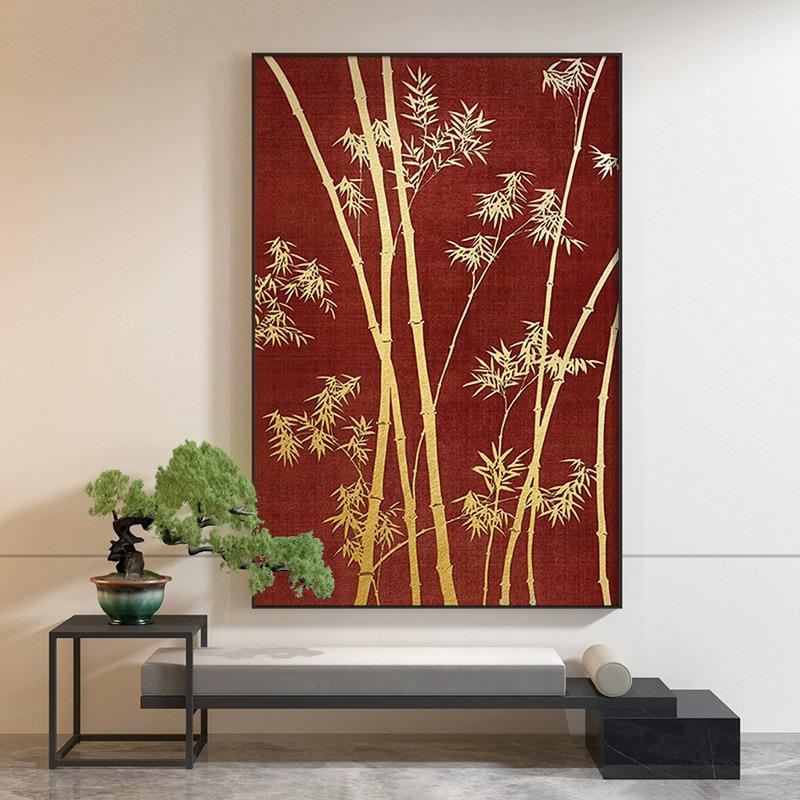 新中式装饰画客厅玄关壁画红色阁楼竹子肌理艺术竖版走廊过道挂画