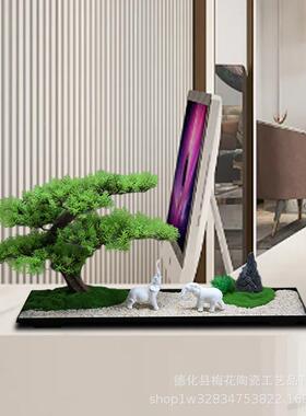 仿迎客松盆面景摆件入户玄关客厅装饰品新中式电视桌柜绿植造2023