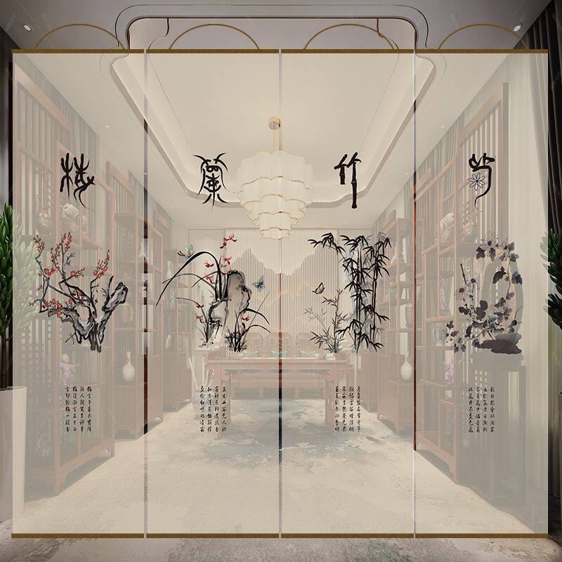 半透梅兰竹菊茶室透景屏风纱中式卷帘隔断帘挂帘水墨窗帘透光纱帘