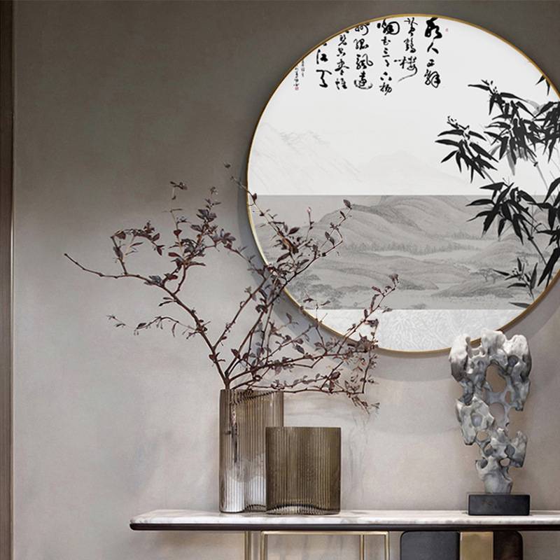 迎客松新中式玄关装饰画茶室山水挂画中国风水墨画竹报平安圆形画