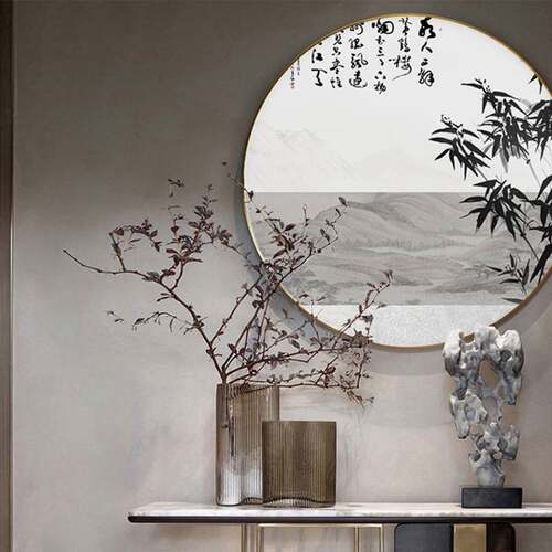 迎客松新中式玄关装饰画茶室山水挂画中国风水墨画竹报平安圆形画