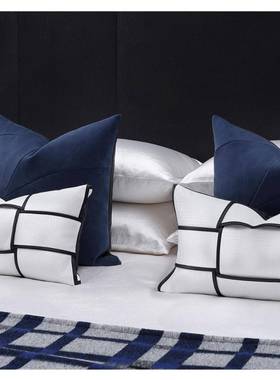 现代极简轻蓝色床上用品样板间床品软装设计抱枕搭毯家居床品