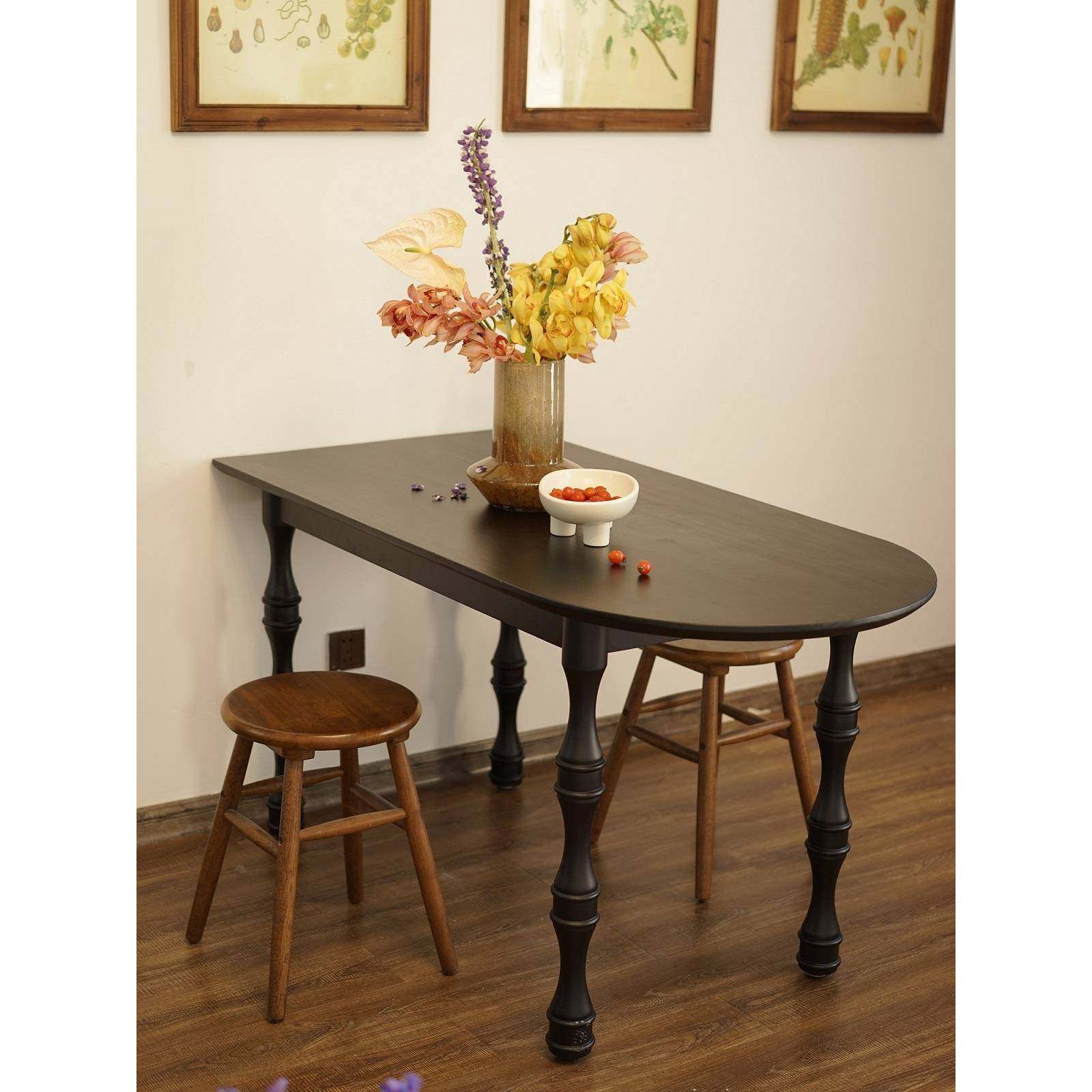 A8L0J法式复古轻奢实木岛台餐桌家用小户型黑色弧形半圆椭圆靠墙
