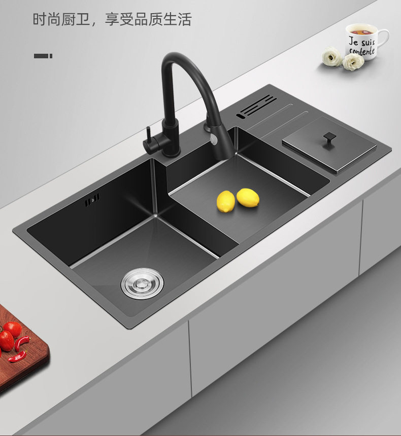 黑纳米手工水槽单槽洗碗双槽盆304不锈钢带垃圾桶大号钢盆台中盆