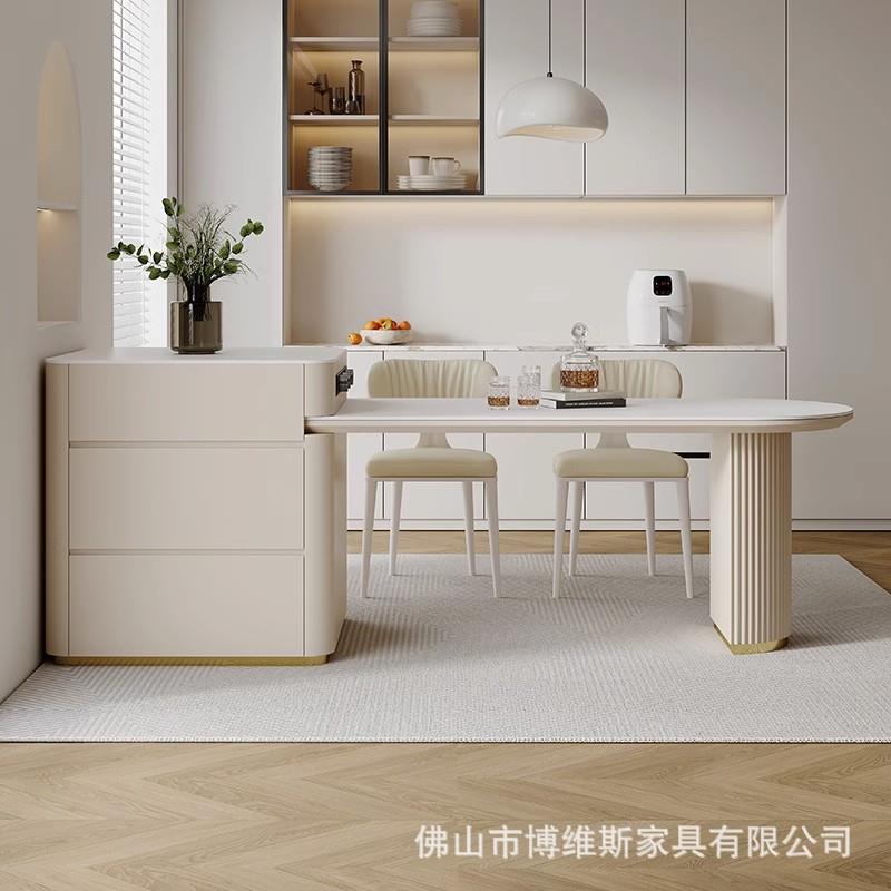 奶油风岛餐XQT桌家一体用小户型可伸缩岩板中岛台台开式餐桌椅组