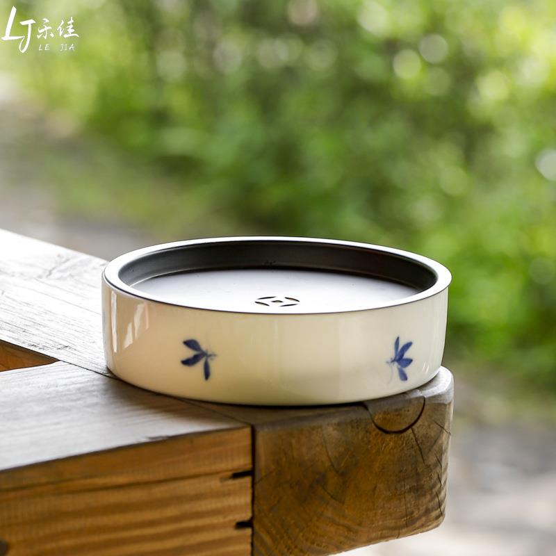 乐佳 白瓷纯手绘蝴蝶兰花储水壶承干泡台壶垫家用陶瓷小茶盘茶台