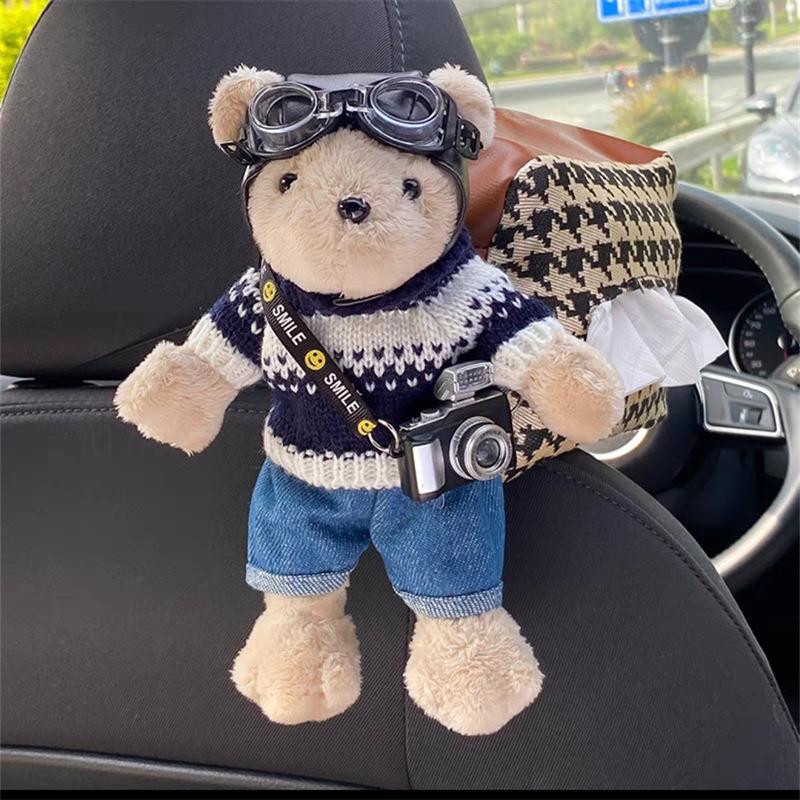 毛绒公仔飞行员狗车载汽车座椅多功能挂式千鸟格纸巾包车用纸巾盒