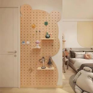 小熊洞洞板玄关置物架木质展示收纳墙面装 饰收纳架实木隔板架