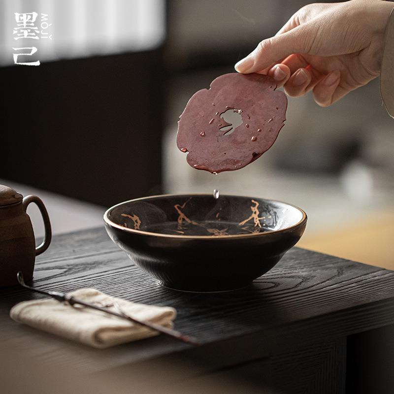 墨己 茶道配件陶瓷壶承 烫金仿古干泡台 铜配件茶壶底托 茶席摆件