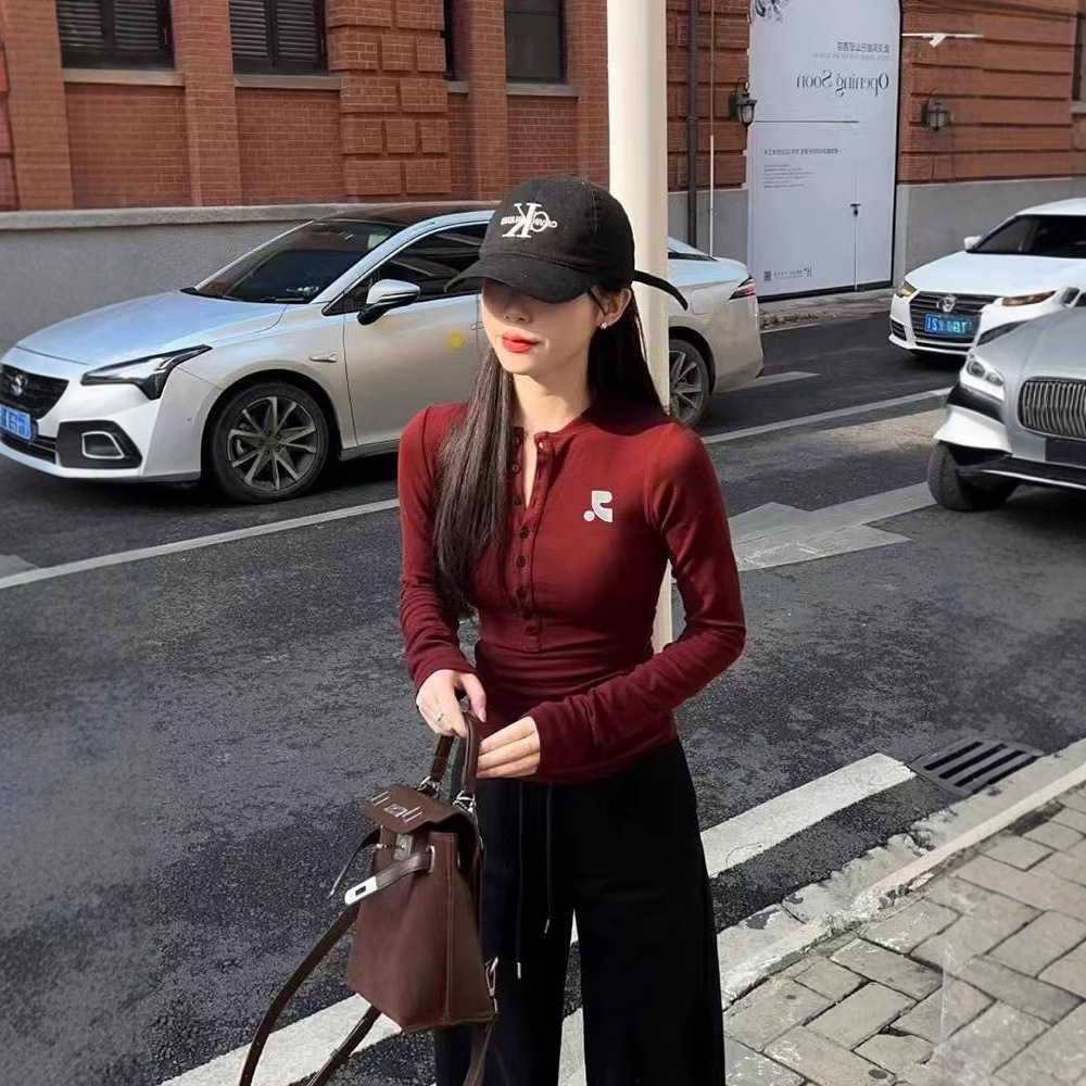 韩国小众RR正肩长袖T恤女 秋冬收腰显瘦内搭打底衫纽扣半开领上衣