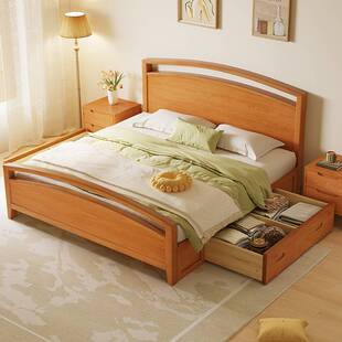 米尔斯法式大床樱桃木色家用主卧实木床加床垫木床1米8的床双人床
